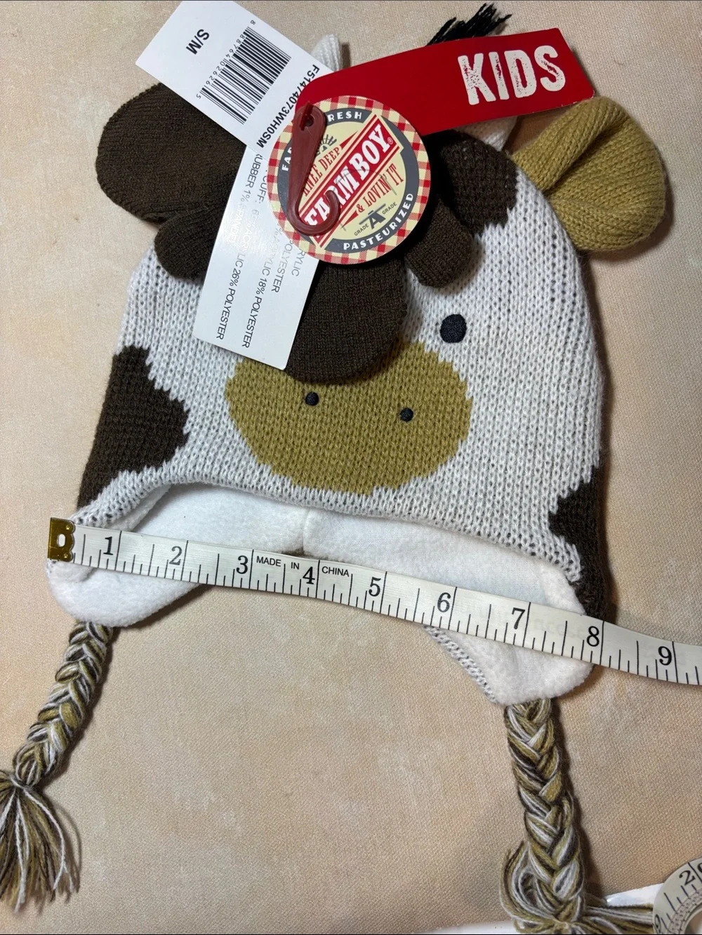 Toddler Cow Knit Earflap Hat with Braided Tassels & mittens, NWT